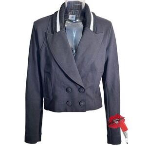 CAbi Blazer Jacket Womens Size 4 Black White Trim Cropped‎ Preppy Classic